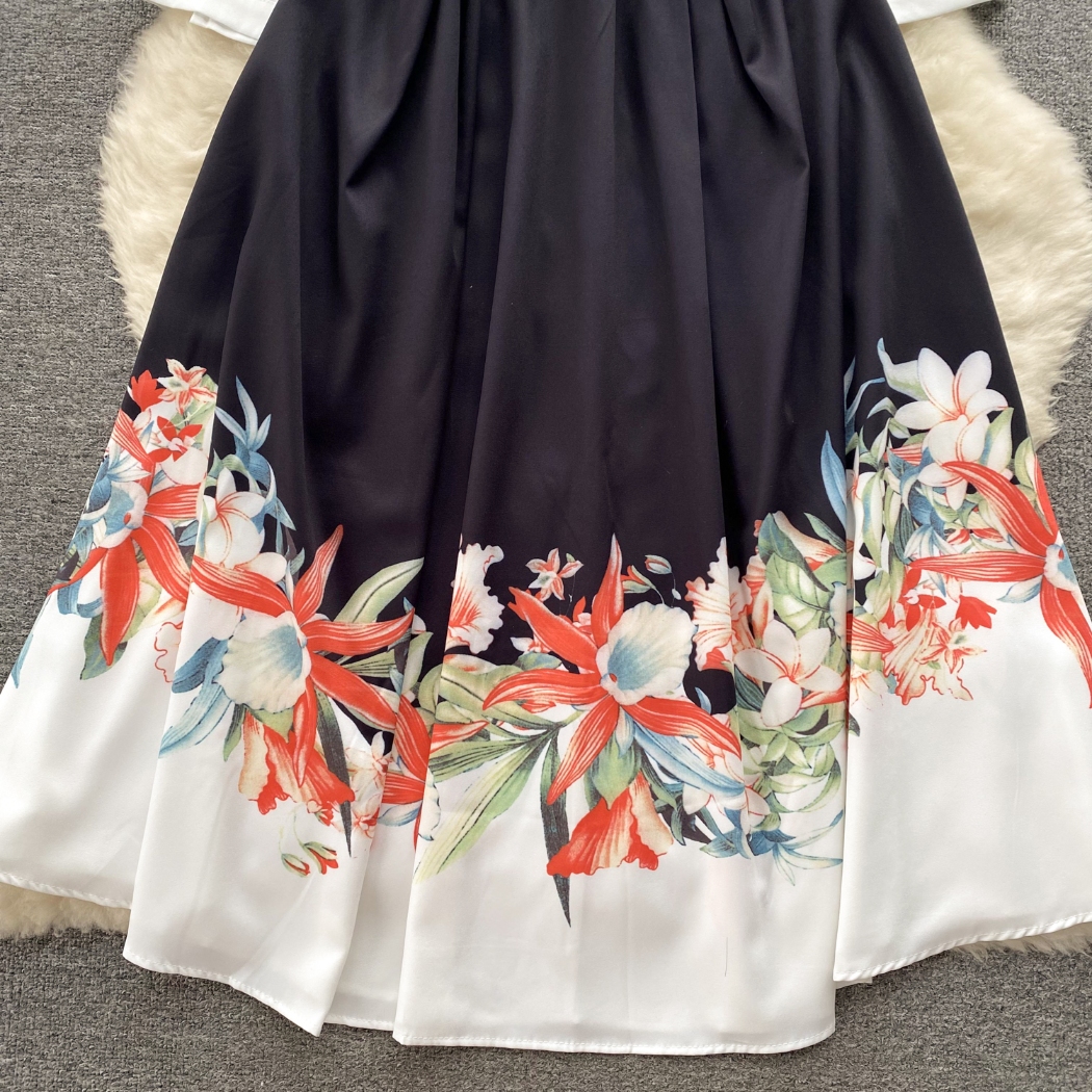 French Elegant Retro High Grade Printed Half Sleeve Dress Summer Waist Wrap Show Slim Temperament Big Swing Long Dress