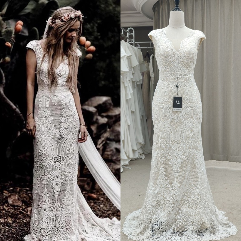 Elegant Mermaid Wedding Dress V-neck Lace Appliqued Open V Back Boho Wedding Gown Sweep Train Bride Party Dresses Vestidos De Noiva 2023