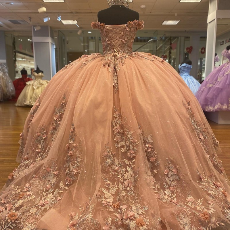 Gold Quinceanera Dresses Ball Gown 3D ral Appliques Lace Sleeveless Off Shoulder Handmade wers Sweet vestidos de 15 anos