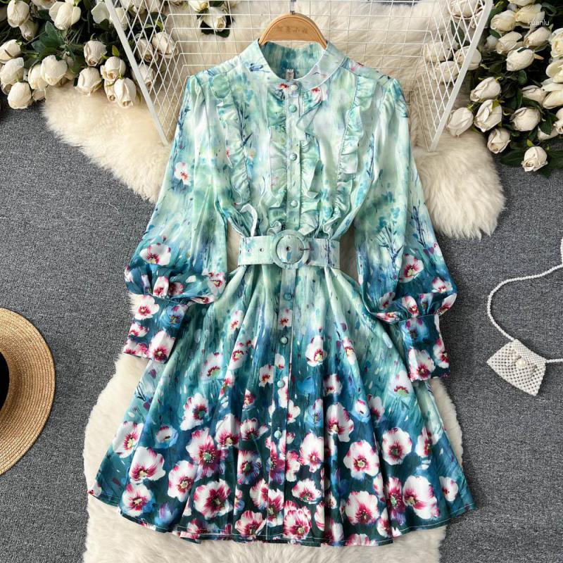 Casual Dresses Women Dress Elegant Spring Autumn Fashion Retro Lantern Sleeve Printed Long Single Breasted With Belt