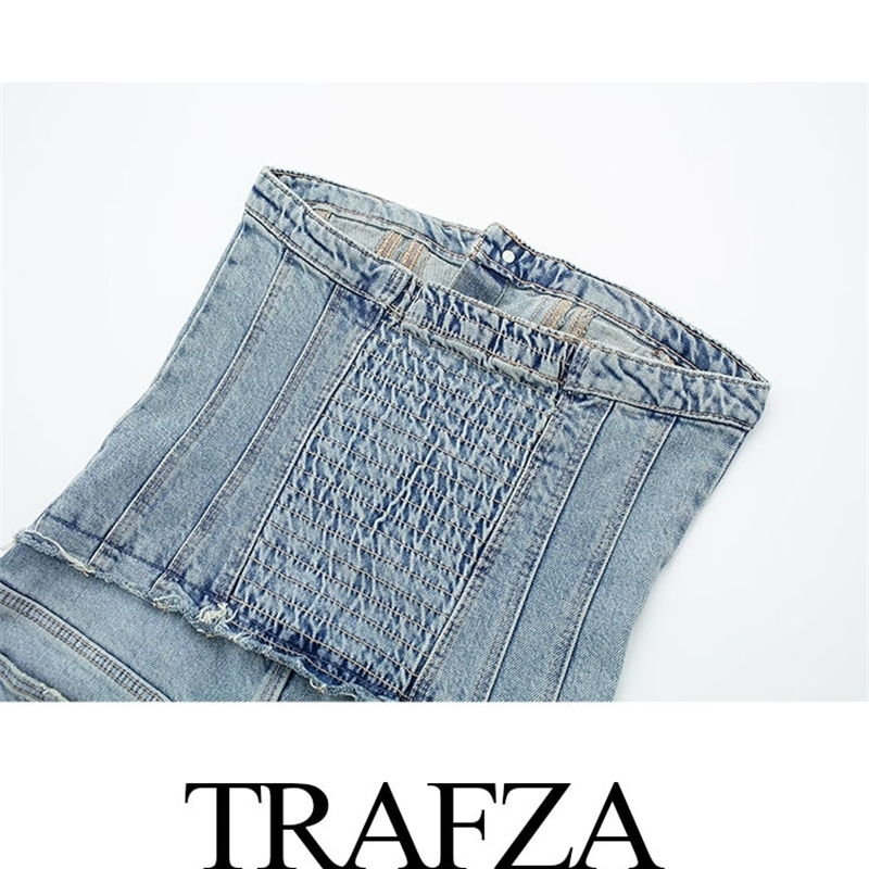Women s Jumpsuits Rompers TRAFZA Women Chic Denim Button With Tube Top Vintage Casual Backless Elastic Force Female Streetwear Playsuits 230804