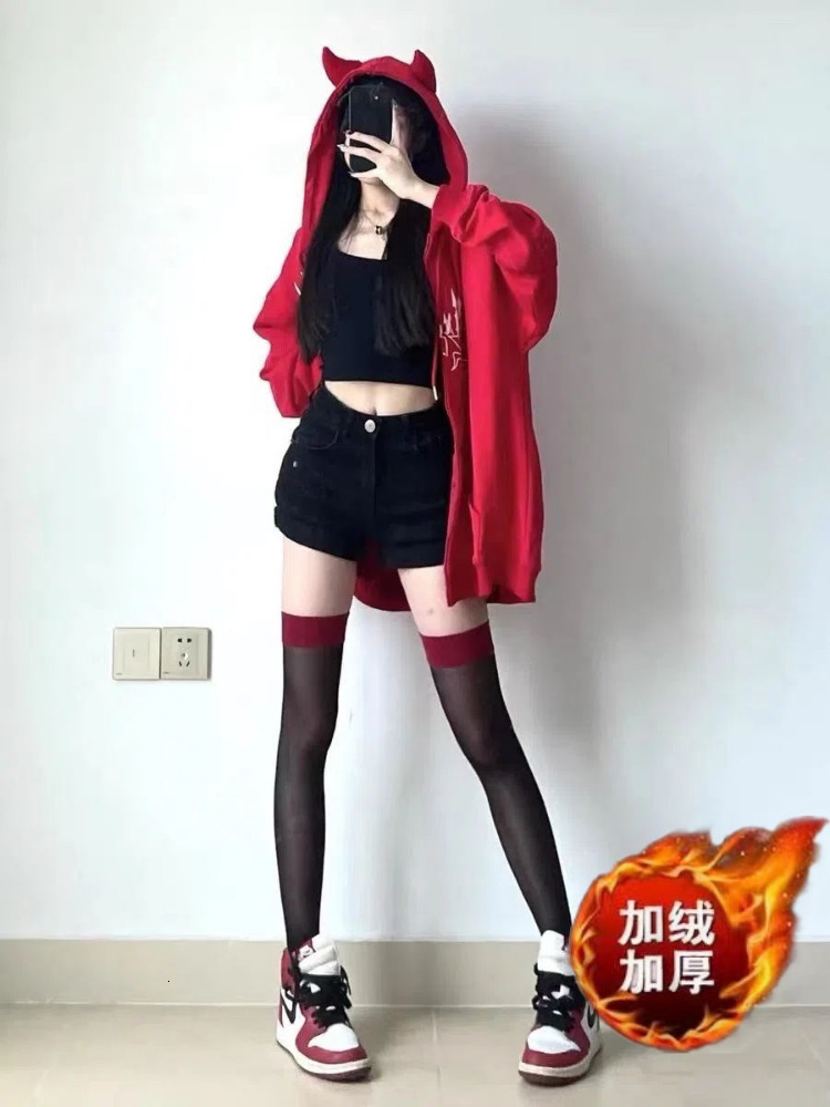 Women's Hoodies Sweatshirts NiceMix Women Hoodie Cartoon Devil Cowhorn American Retro Pullover Couple Fashion Punk Coat Japanese Hip Hop Streetwe