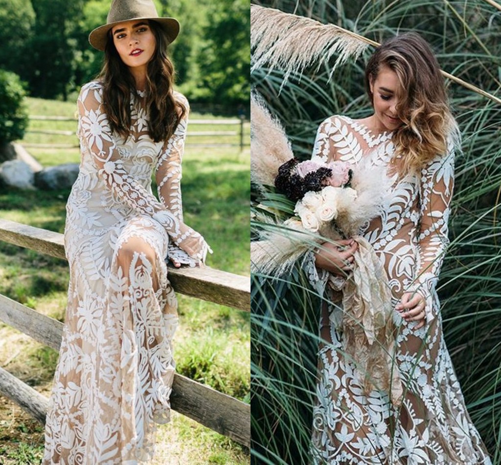 Sexy Champagne Mermaid Wedding Dress Long Sleeve Lace Appliqued Open V Back Boho Wedding Gown Long Train Bride Dresses Vestidos De Noiva 2024