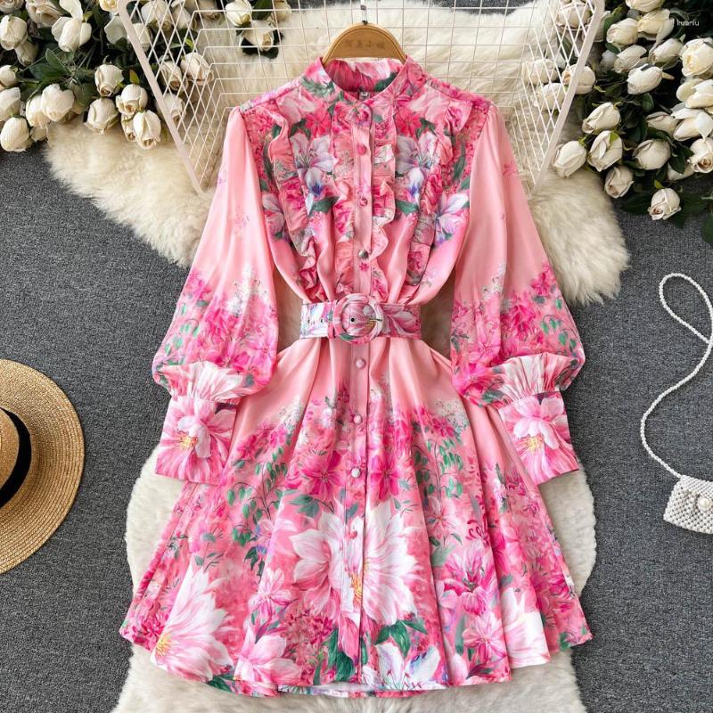 Casual Dresses Women Dress Elegant Spring Autumn Fashion Retro Lantern Sleeve Printed Long Single Breasted With Belt
