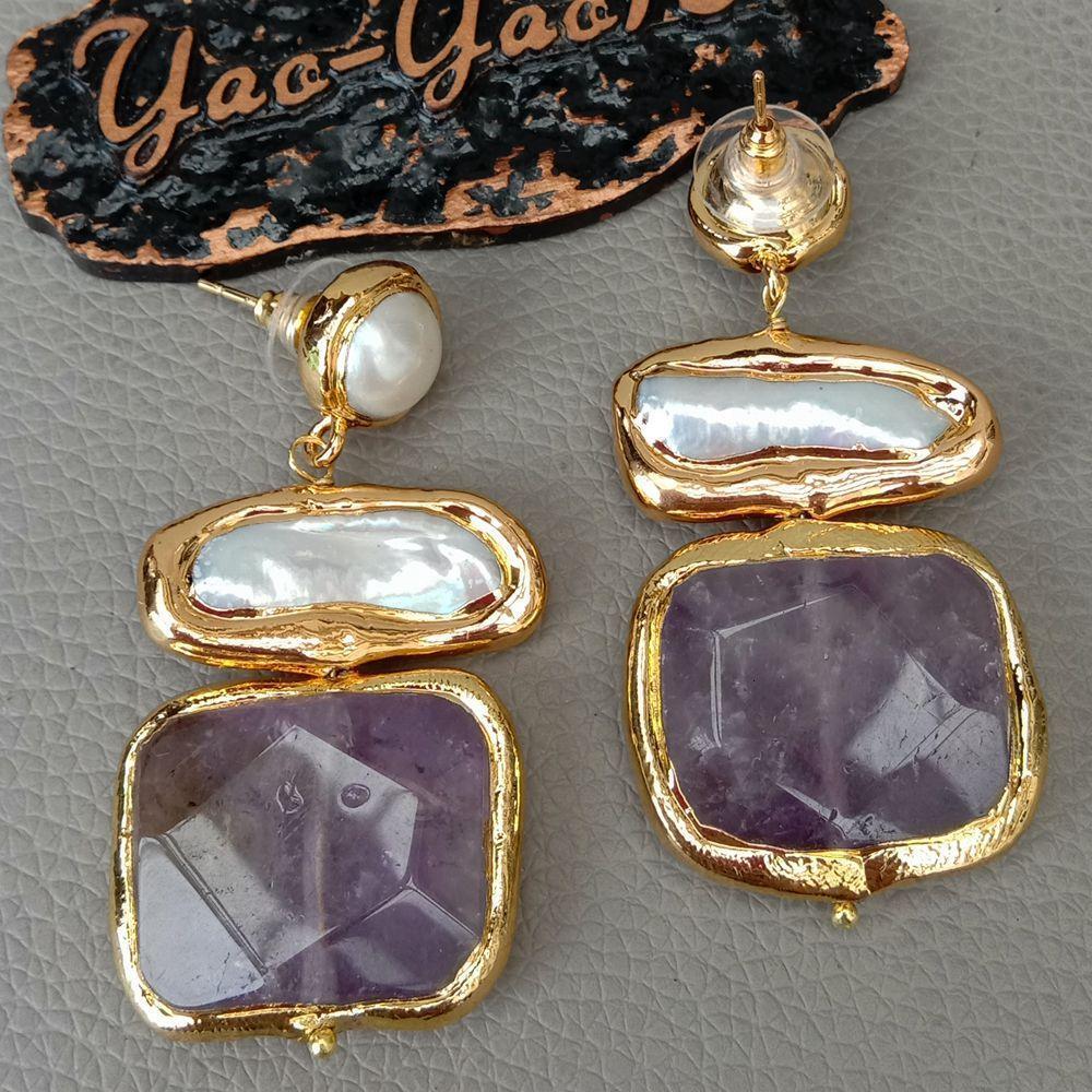 Stud YYGEM 22x26mm Amethyst Faceted Square Freshwater White Biwa Pearl Earrings 230804