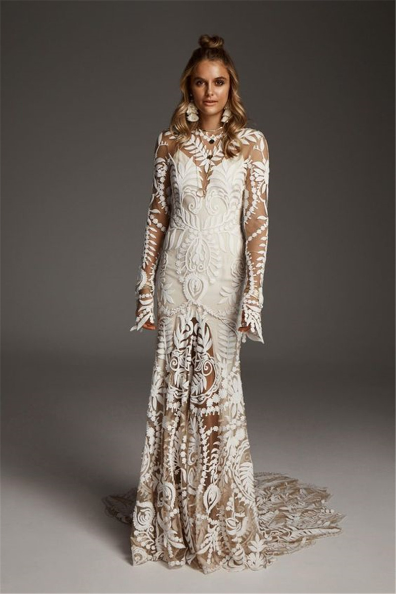 Sexy Champagne Mermaid Wedding Dress Long Sleeve Lace Appliqued Open V Back Boho Wedding Gown Long Train Bride Dresses Vestidos De Noiva 2024