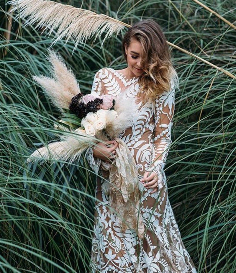 Sexy Champagne Mermaid Wedding Dress Long Sleeve Lace Appliqued Open V Back Boho Wedding Gown Long Train Bride Dresses Vestidos De Noiva 2024
