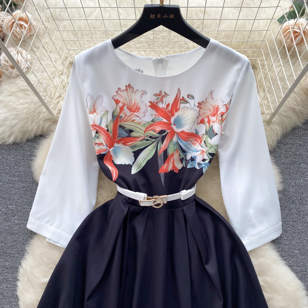 French Elegant Retro High Grade Printed Half Sleeve Dress Summer Waist Wrap Show Slim Temperament Big Swing Long Dress