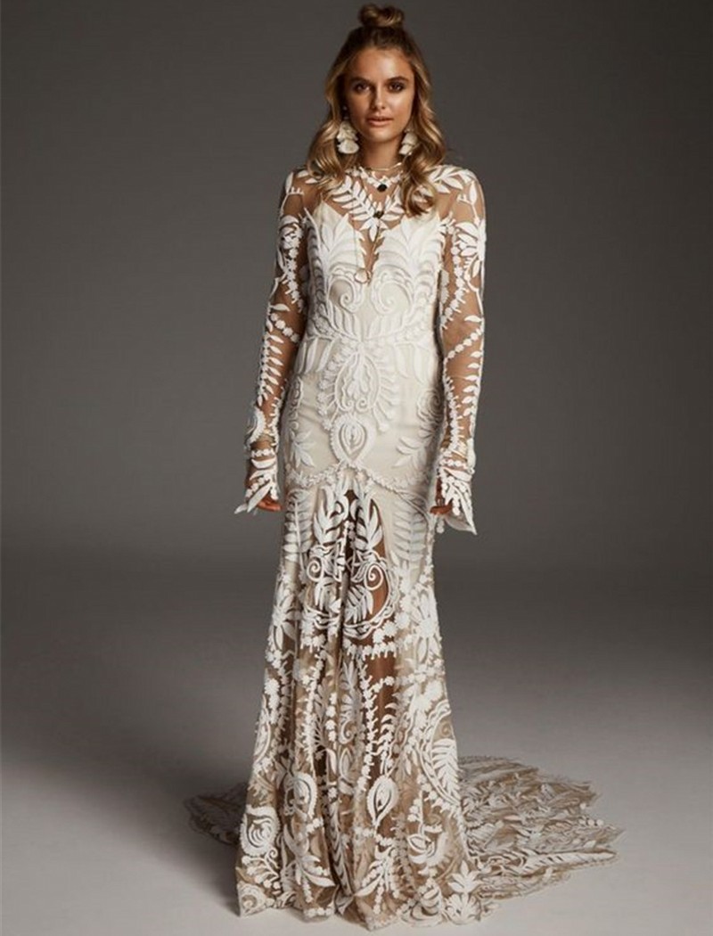 Sexy Champagne Mermaid Wedding Dress Long Sleeve Lace Appliqued Open V Back Boho Wedding Gown Long Train Bride Dresses Vestidos De Noiva 2024