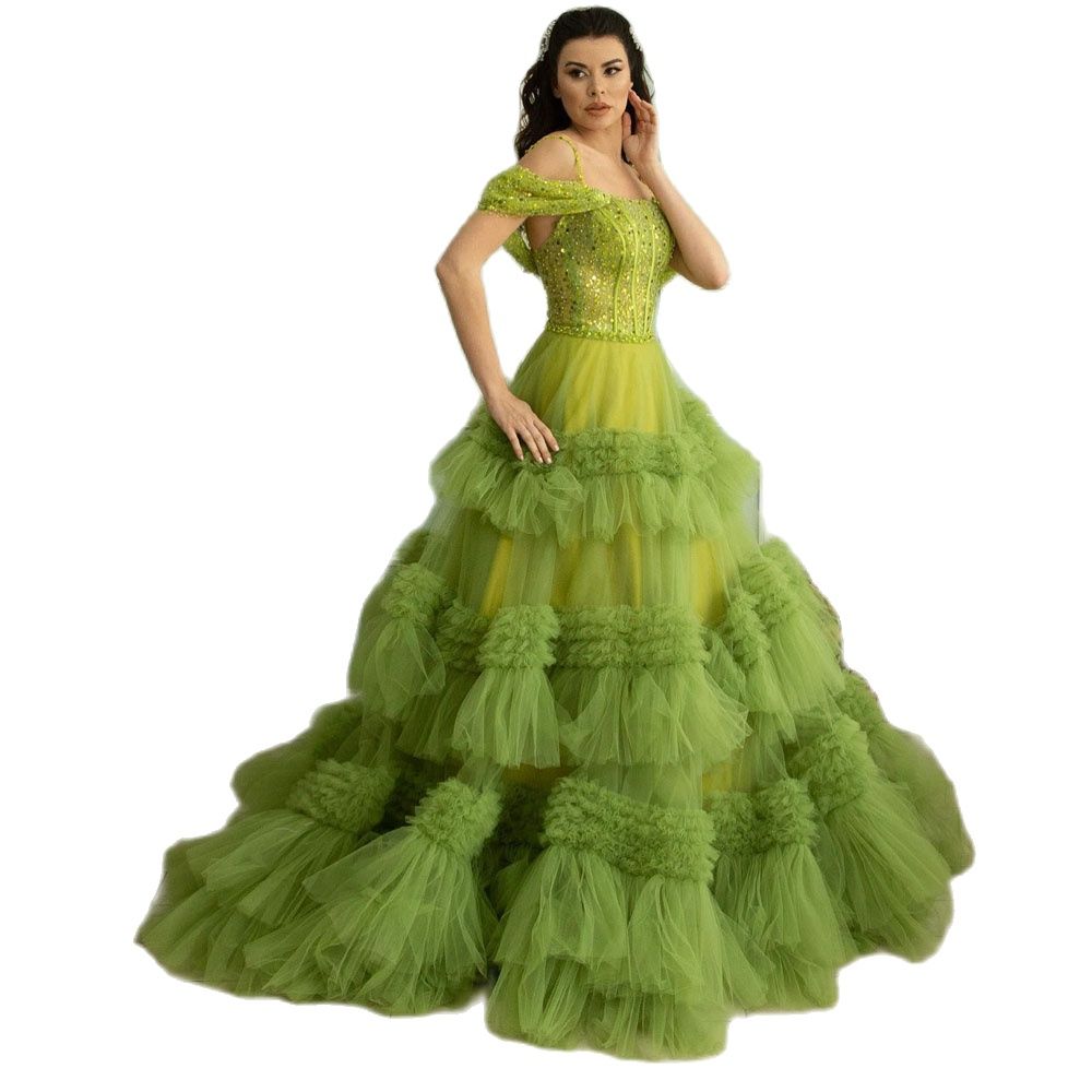 Green Ruffles Tiered Prom Dresses Off the Shoulder Ball Gown Evening Gown Sequined Lace Saudi Arabic Formal Party Dress
