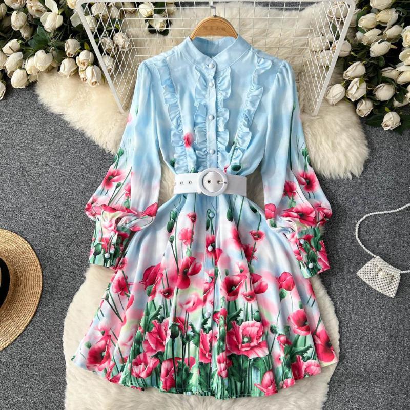 Casual Dresses Women Dress Elegant Spring Autumn Fashion Retro Lantern Sleeve Printed Long Single Breasted With Belt