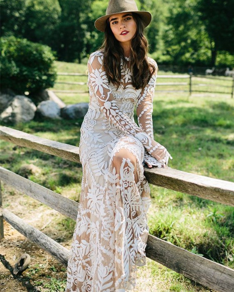 Sexy Champagne Mermaid Wedding Dress Long Sleeve Lace Appliqued Open V Back Boho Wedding Gown Long Train Bride Dresses Vestidos De Noiva 2024