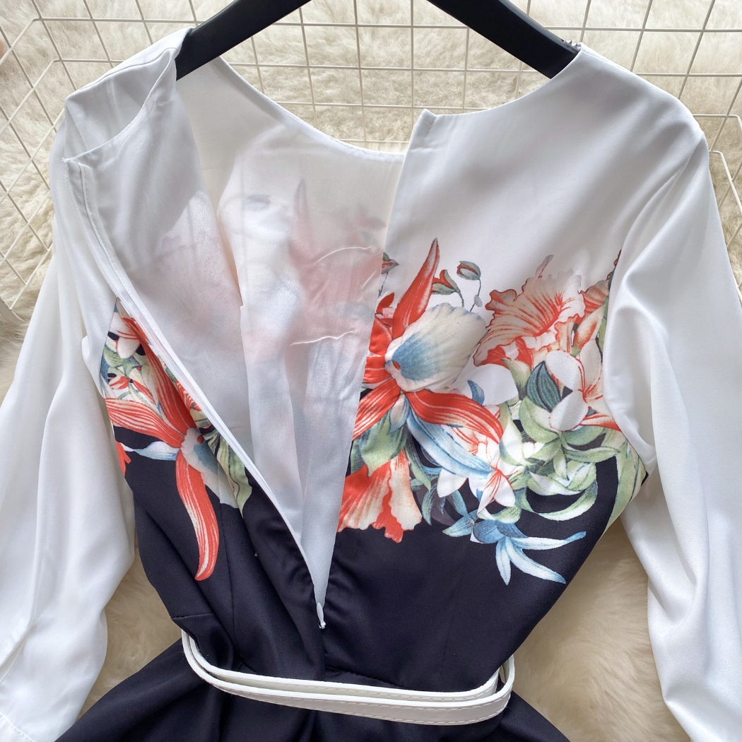 French Elegant Retro High Grade Printed Half Sleeve Dress Summer Waist Wrap Show Slim Temperament Big Swing Long Dress