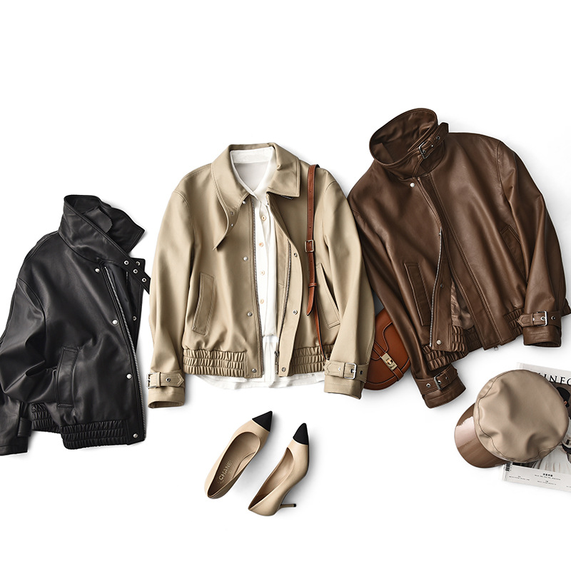 OC4141M4 Genuine Leather Women's Short Coat Autumn/Winter Korean Locomotive Sheepskin Jacket Multi Color Customization