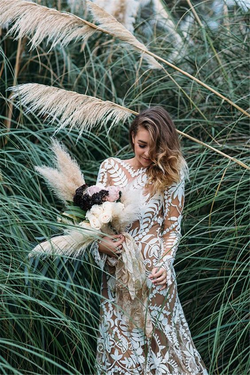 Sexy Champagne Mermaid Wedding Dress Long Sleeve Lace Appliqued Open V Back Boho Wedding Gown Long Train Bride Dresses Vestidos De Noiva 2024