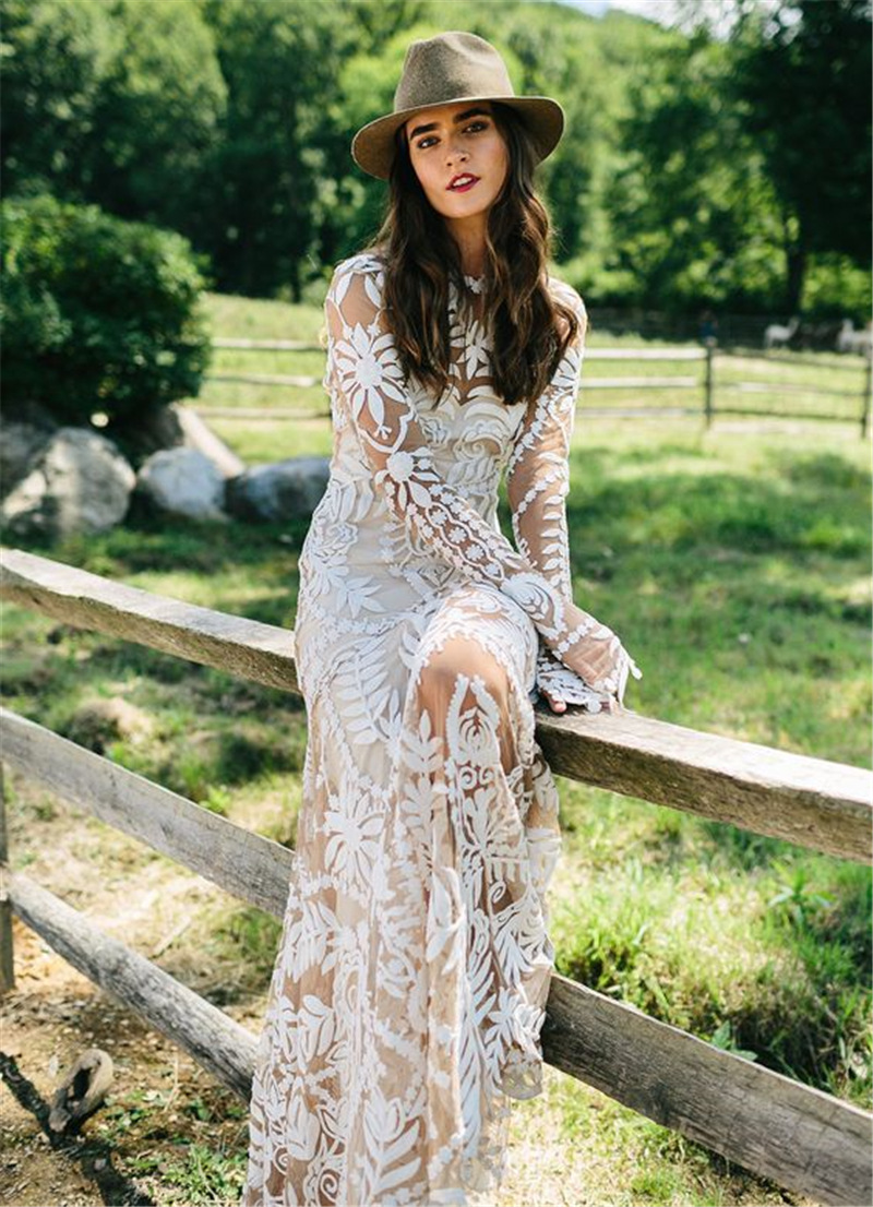 Sexy Champagne Mermaid Wedding Dress Long Sleeve Lace Appliqued Open V Back Boho Wedding Gown Long Train Bride Dresses Vestidos De Noiva 2024