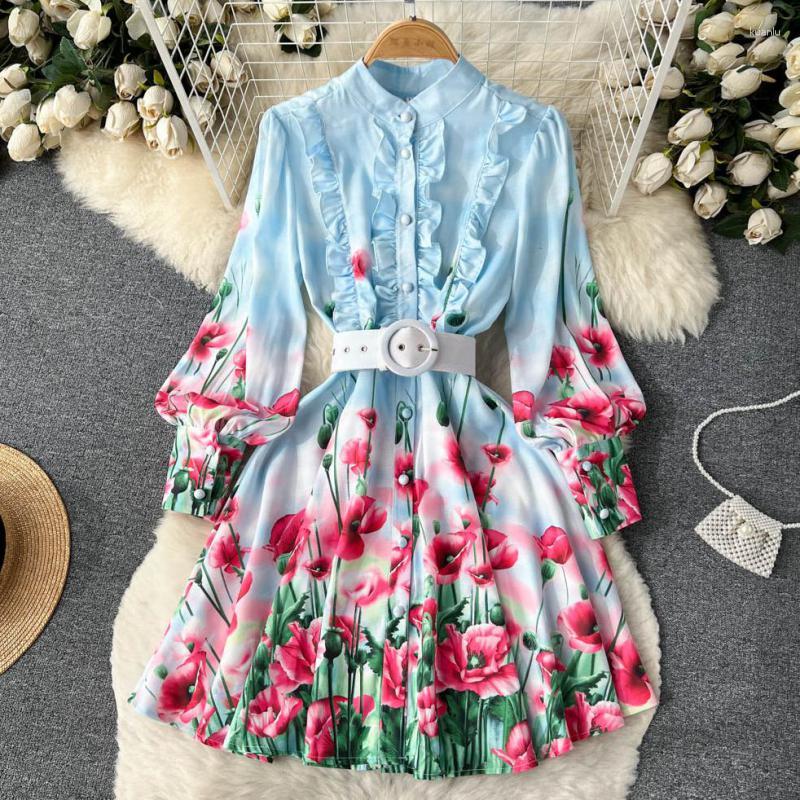 Casual Dresses Women Dress Elegant Spring Autumn Fashion Retro Lantern Sleeve Printed Long Single Breasted With Belt
