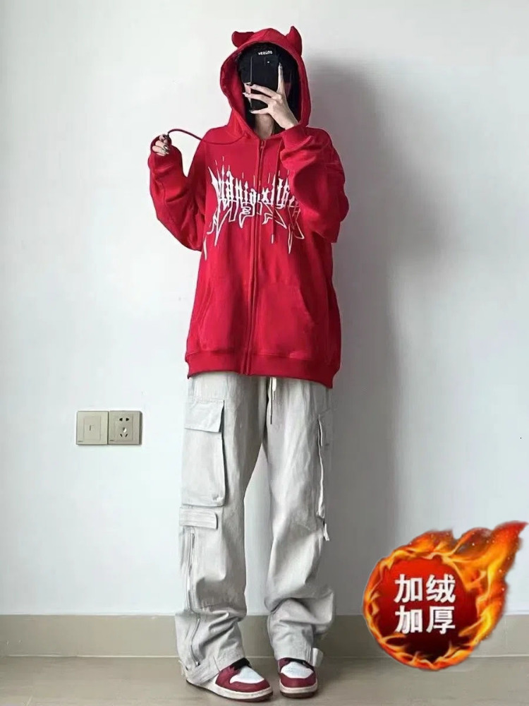 Women's Hoodies Sweatshirts NiceMix Women Hoodie Cartoon Devil Cowhorn American Retro Pullover Couple Fashion Punk Coat Japanese Hip Hop Streetwe