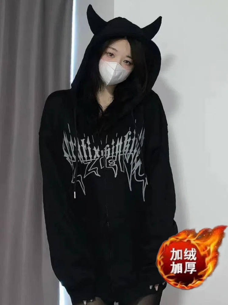 Women's Hoodies Sweatshirts NiceMix Women Hoodie Cartoon Devil Cowhorn American Retro Pullover Couple Fashion Punk Coat Japanese Hip Hop Streetwe