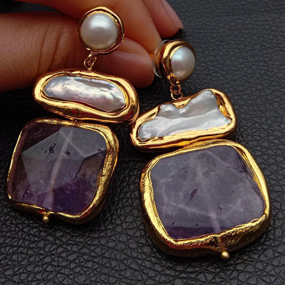 Stud YYGEM 22x26mm Amethyst Faceted Square Freshwater White Biwa Pearl Earrings 230804