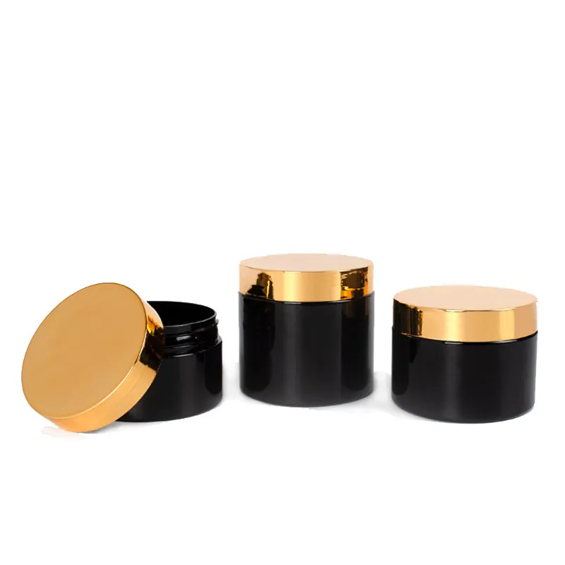 wholesale Black Cosmetic Jars with Gold Lids PET Plastic Food Jar BPA Free Refillable Containers for Cream Body Butters Sugar Scrub LL