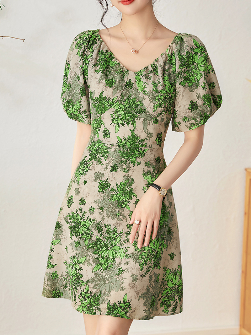 0C580M09# EVEOVNI Women's Summer Dress High Quality Sweet Girl V-Neck Bubble Sleeve Floral Skirt Bow Knot