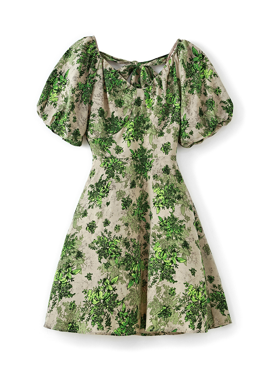 0C580M09# EVEOVNI Women's Summer Dress High Quality Sweet Girl V-Neck Bubble Sleeve Floral Skirt Bow Knot