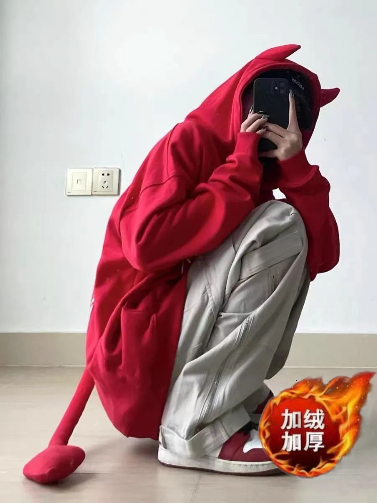 Women's Hoodies Sweatshirts NiceMix Women Hoodie Cartoon Devil Cowhorn American Retro Pullover Couple Fashion Punk Coat Japanese Hip Hop Streetwe