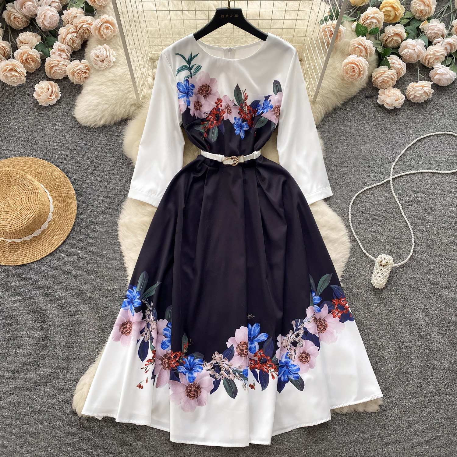 French Elegant Retro High Grade Printed Half Sleeve Dress Summer Waist Wrap Show Slim Temperament Big Swing Long Dress