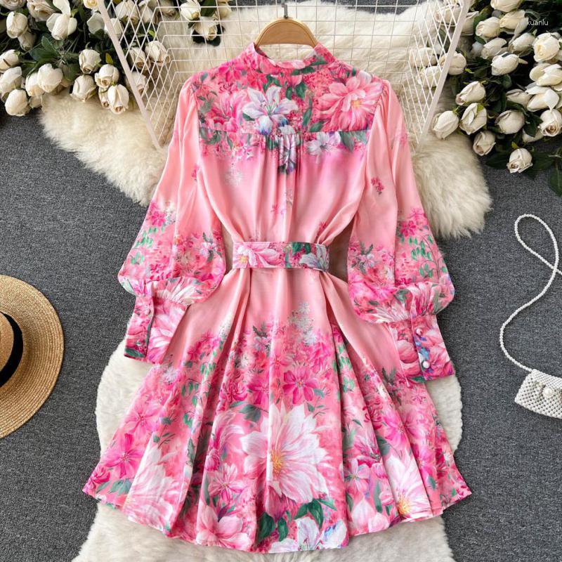 Casual Dresses Women Dress Elegant Spring Autumn Fashion Retro Lantern Sleeve Printed Long Single Breasted With Belt