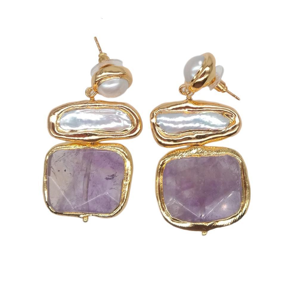 Stud YYGEM 22x26mm Amethyst Faceted Square Freshwater White Biwa Pearl Earrings 230804