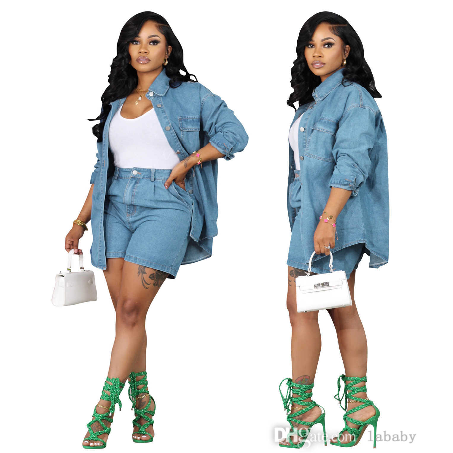 2023 Fall Jeans Two 2 Piece Set Women Tracksuits Fashion Denim Solid Color Long Sleeve Single Breasted Jacket And Shorts Sets Outfits