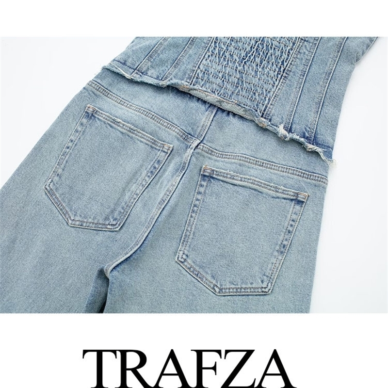 Women s Jumpsuits Rompers TRAFZA Women Chic Denim Button With Tube Top Vintage Casual Backless Elastic Force Female Streetwear Playsuits 230804