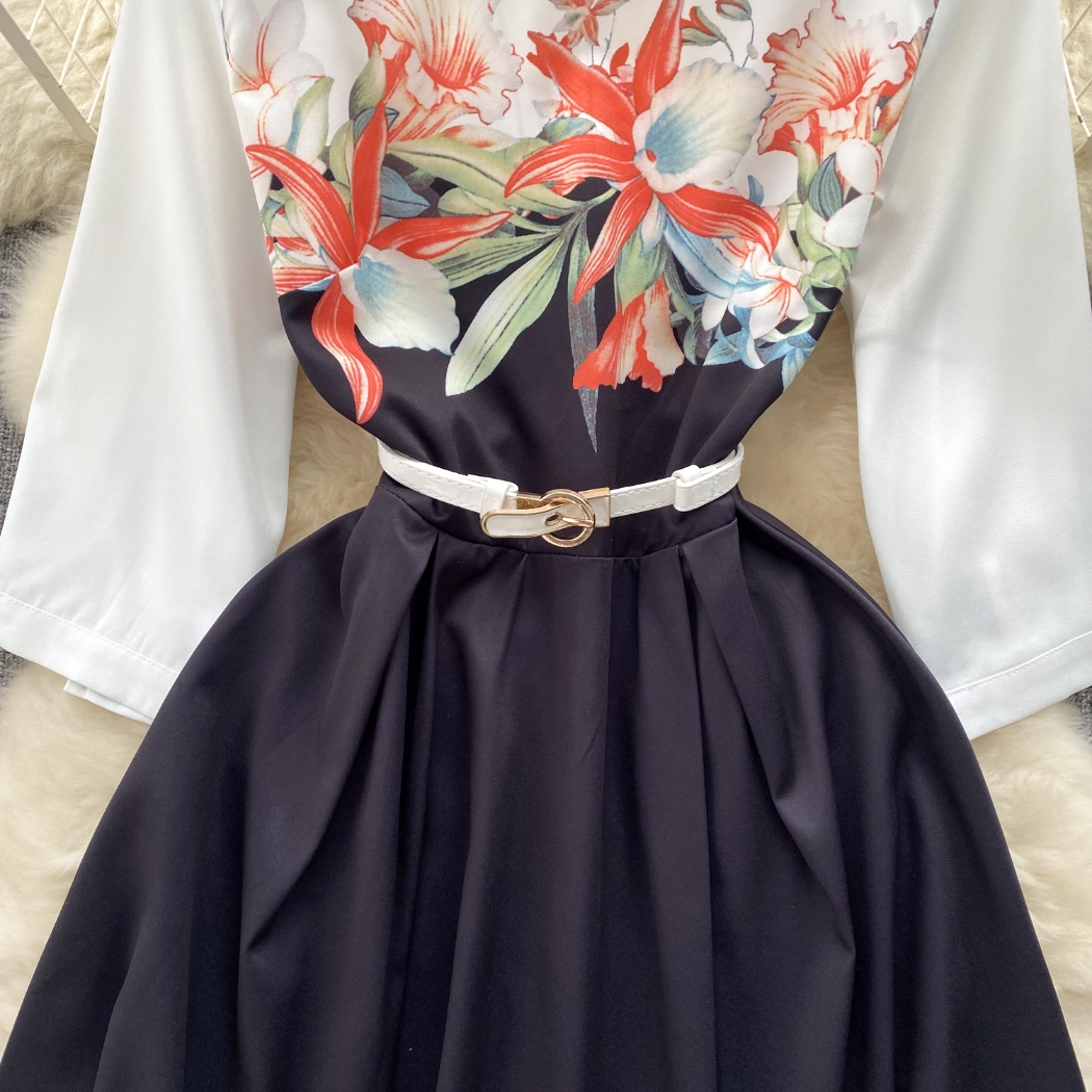 French Elegant Retro High Grade Printed Half Sleeve Dress Summer Waist Wrap Show Slim Temperament Big Swing Long Dress