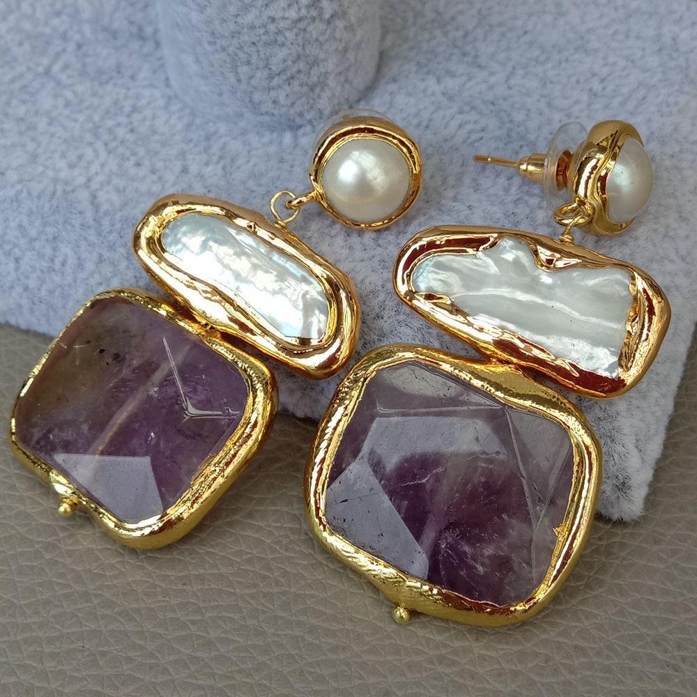 Stud YYGEM 22x26mm Amethyst Faceted Square Freshwater White Biwa Pearl Earrings 230804