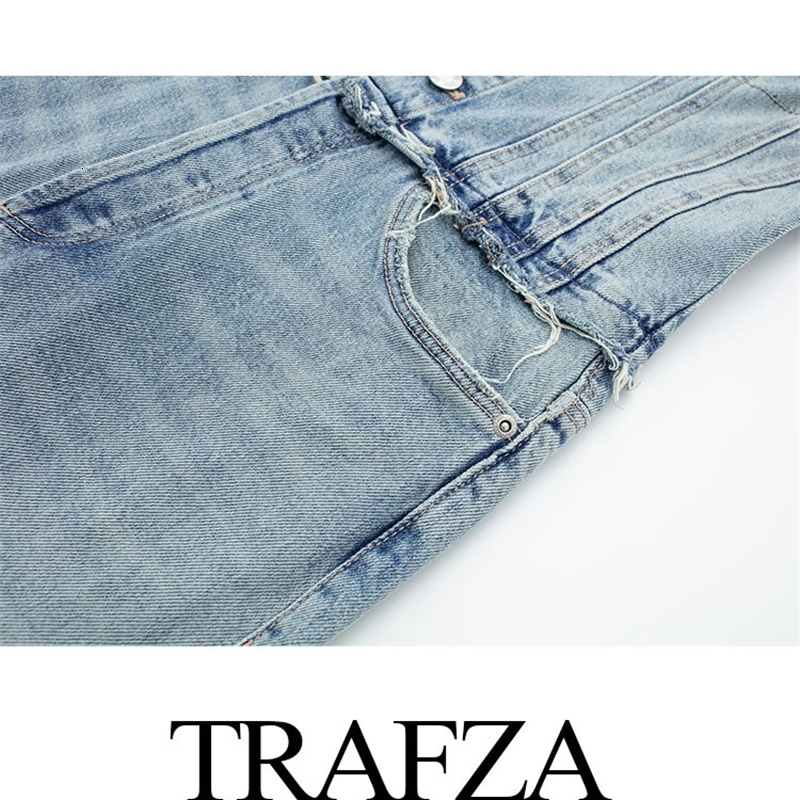 Women s Jumpsuits Rompers TRAFZA Women Chic Denim Button With Tube Top Vintage Casual Backless Elastic Force Female Streetwear Playsuits 230804