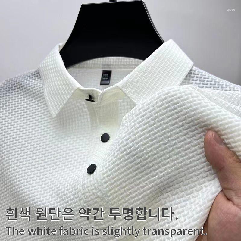 Men's Breathable Ice Silk Polo Shirt - Short Sleeve, Plaid, Business Casual, Polyester, Dark Green, Summer