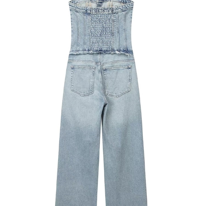 Women s Jumpsuits Rompers TRAFZA Women Chic Denim Button With Tube Top Vintage Casual Backless Elastic Force Female Streetwear Playsuits 230804