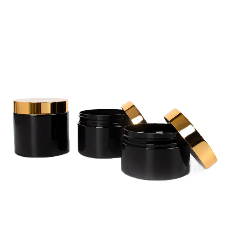 wholesale Black Cosmetic Jars with Gold Lids PET Plastic Food Jar BPA Free Refillable Containers for Cream Body Butters Sugar Scrub LL