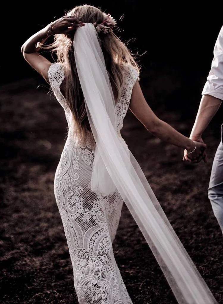Elegant Mermaid Wedding Dress V-neck Lace Appliqued Open V Back Boho Wedding Gown Sweep Train Bride Party Dresses Vestidos De Noiva 2023