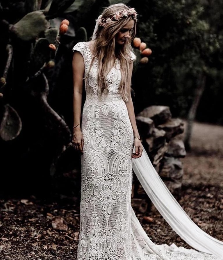 Elegant Mermaid Wedding Dress V-neck Lace Appliqued Open V Back Boho Wedding Gown Sweep Train Bride Party Dresses Vestidos De Noiva 2023