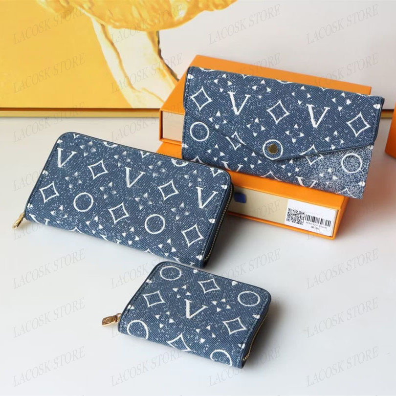 Denim Designer Wallets for Men Women Embroidery Letter Flower Purses Luxury Clutch Bags Cowboy Canvas Blue Credit Card Wallet