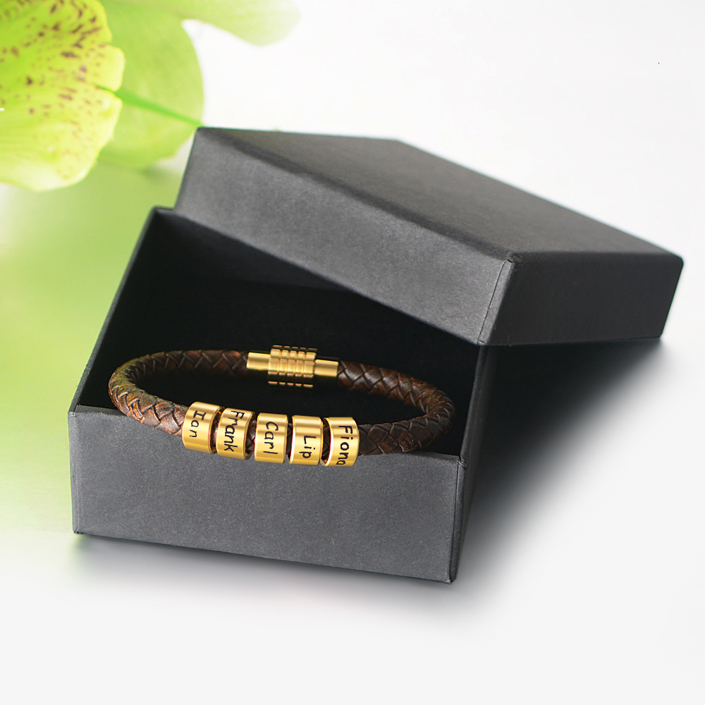Charm Bracelets Custom Family Names Bracelet for Men Personalized Braided Leather Bracelets Stainless Steel Beads Charm Bangle Father's Day Gift 