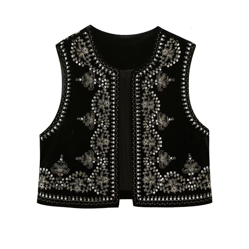 Women's Vests Women Vintage O Neck Sequins Flower Embroidery Short Vest Jacket Ladies Sleeveless Casual Velvet WaistCoat Tops 230808