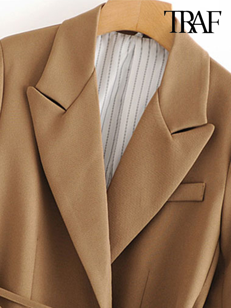 Women's Suits Blazers TRAF Women Fashion With Tied Wrap Blazers Coat Vintage Long Sleeve Pockets Female Outerwear Chic Tops 230808