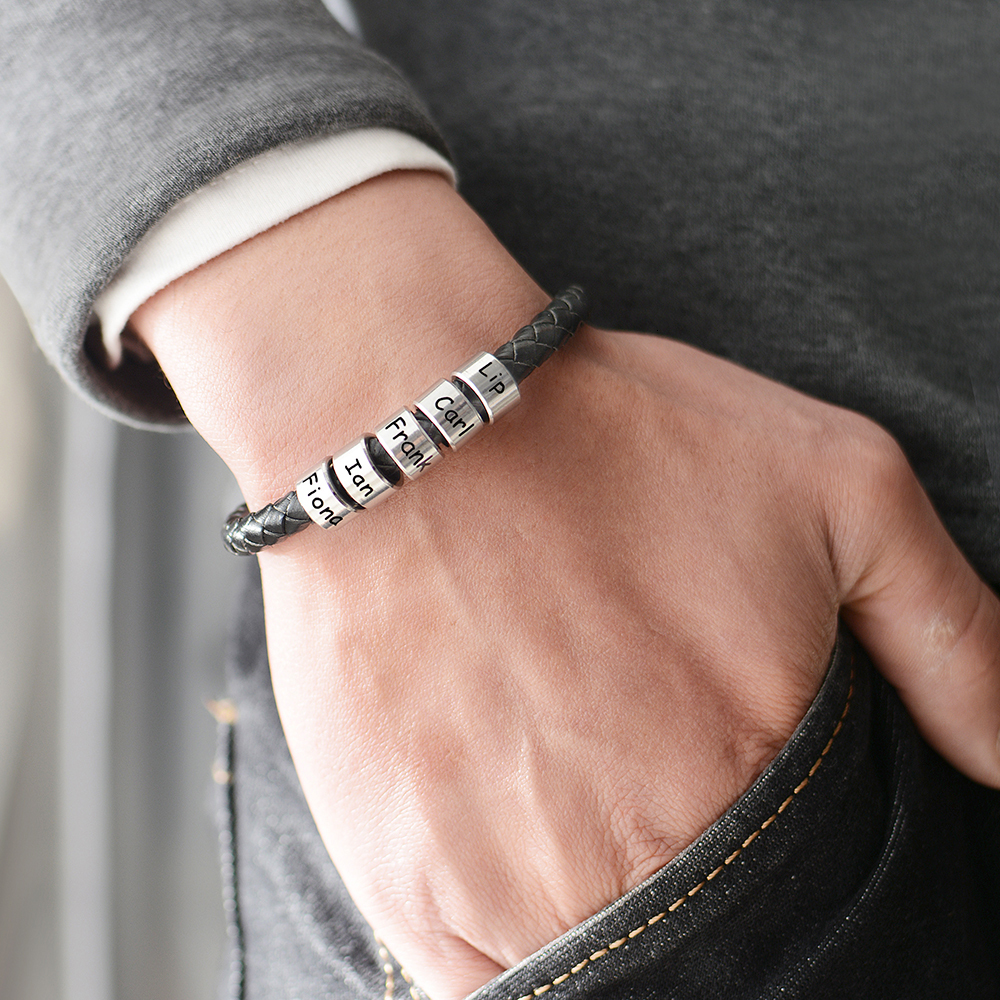 Charm Bracelets Custom Family Names Bracelet for Men Personalized Braided Leather Bracelets Stainless Steel Beads Charm Bangle Father's Day Gift 