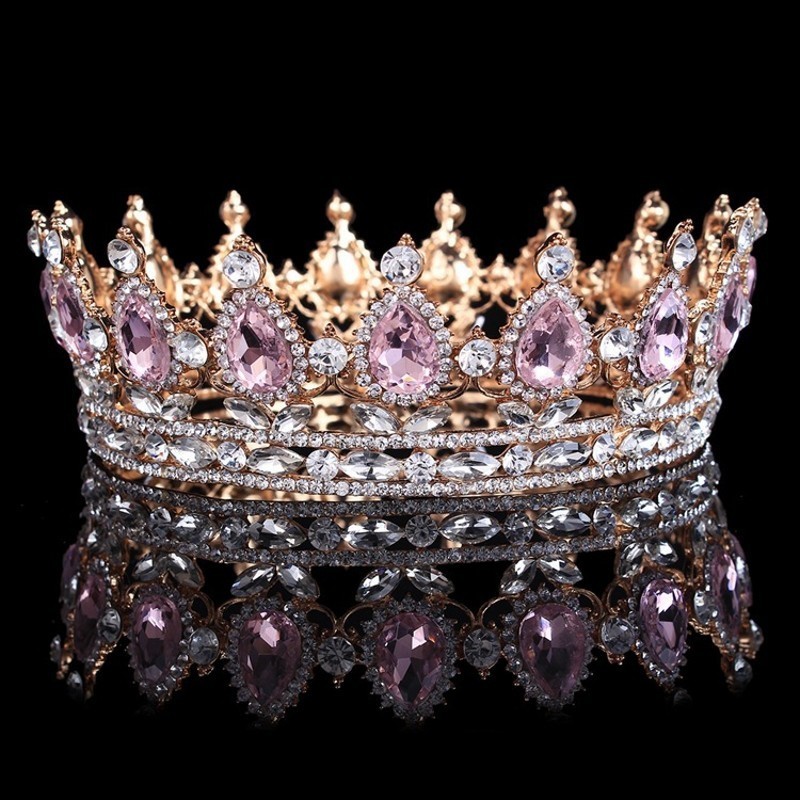 Wedding Hair Jewelry Bride Royal Pink Crystal Queen King Tiaras Baroque Round Crowns Big Pageant Diadem Headband Wedding Hair Accessories 230808