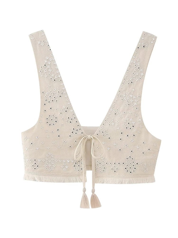 Women's Vests Sexy Y2K Embroidery Women V Neck Vest Lightweight Sleeveless Tassels Hem Slim Waistcoats Summer Fashion Female Crop Top 230808