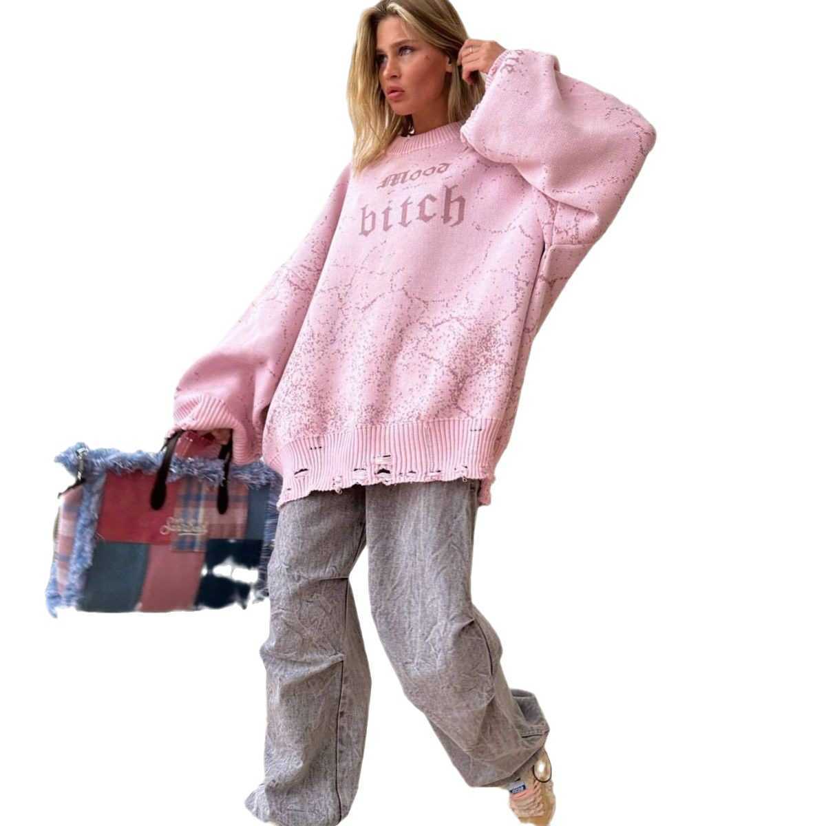 Wind Autumn Winter Hollow out Sweaters Cotton Small Female Style Casual Loose Round Neck Printed Woolen Fabric Top Female