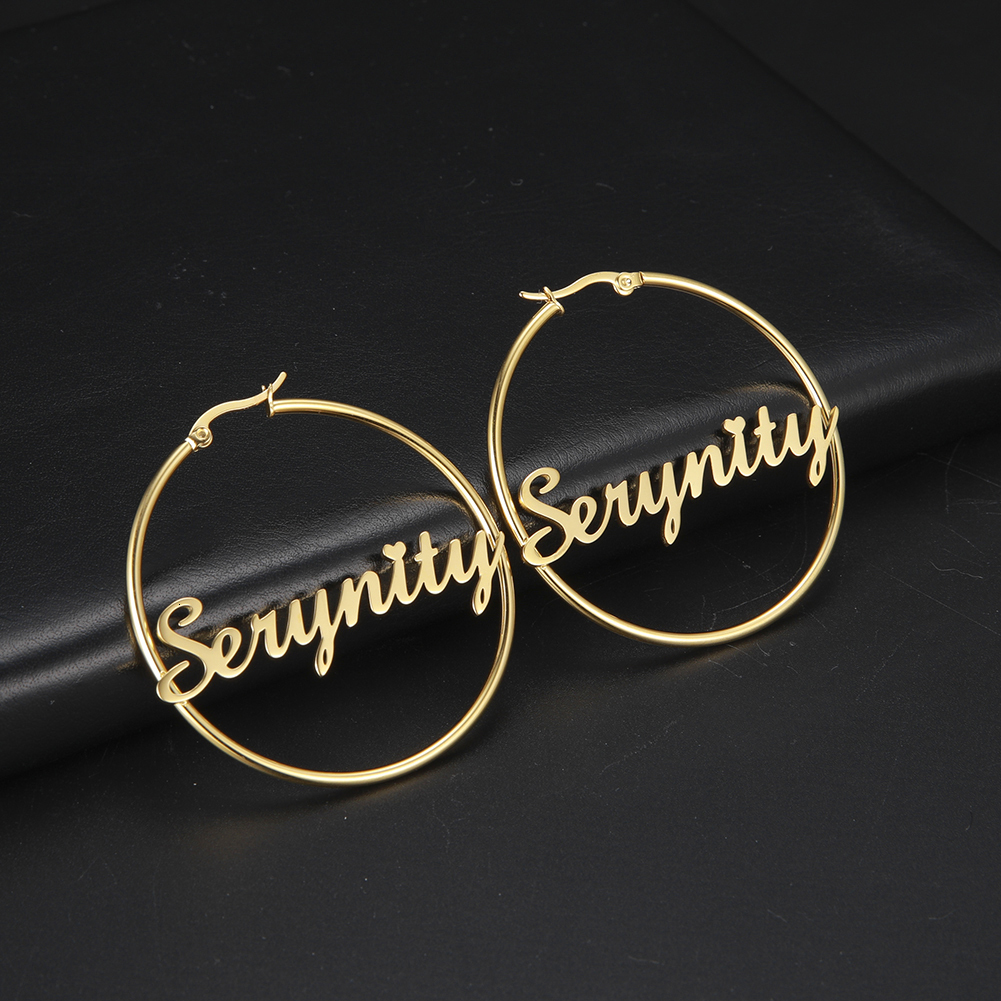 Hoop Huggie Lucktune Custom Name Hoop Earrings Stainless Steel Personalized Letter Nameplate Circle Earrings for Women Fashion Party Jewelry 230808